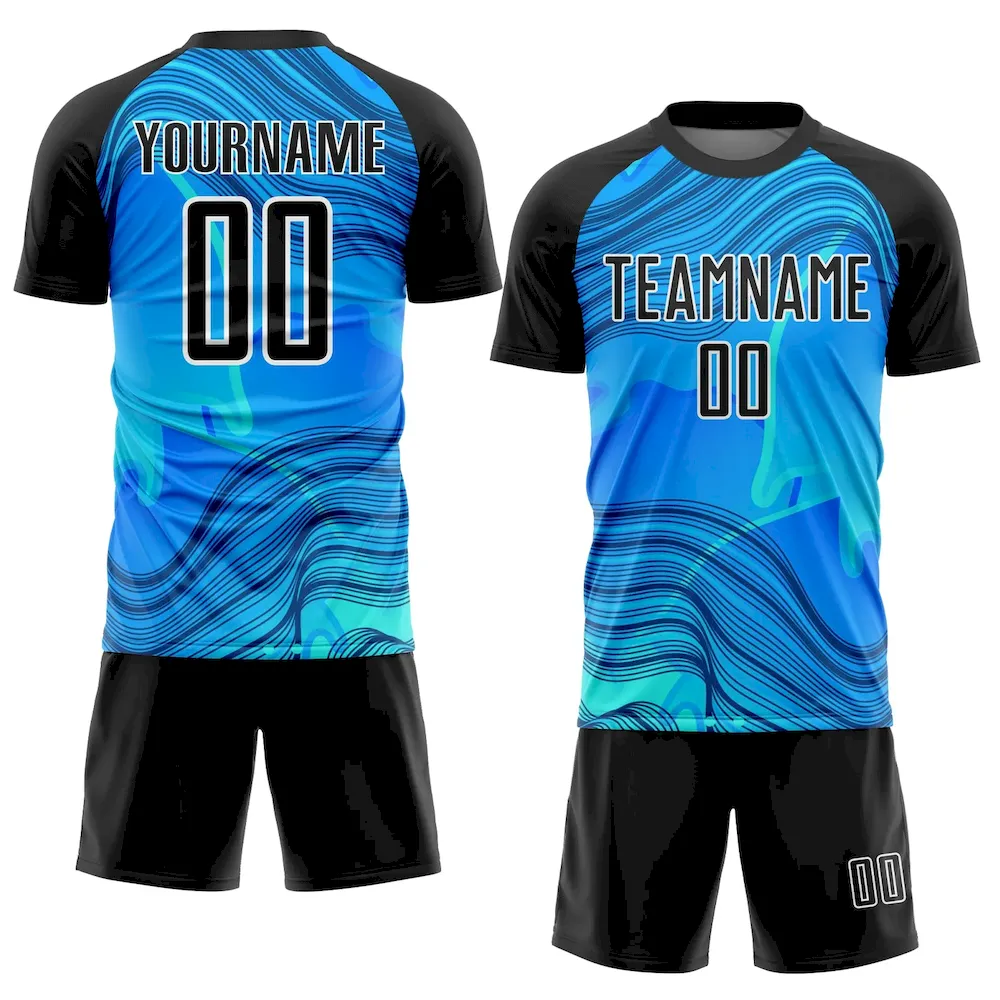 Custom Sky Blue Black-White Waves Sublimation Soccer Uniform Jersey - Image 2