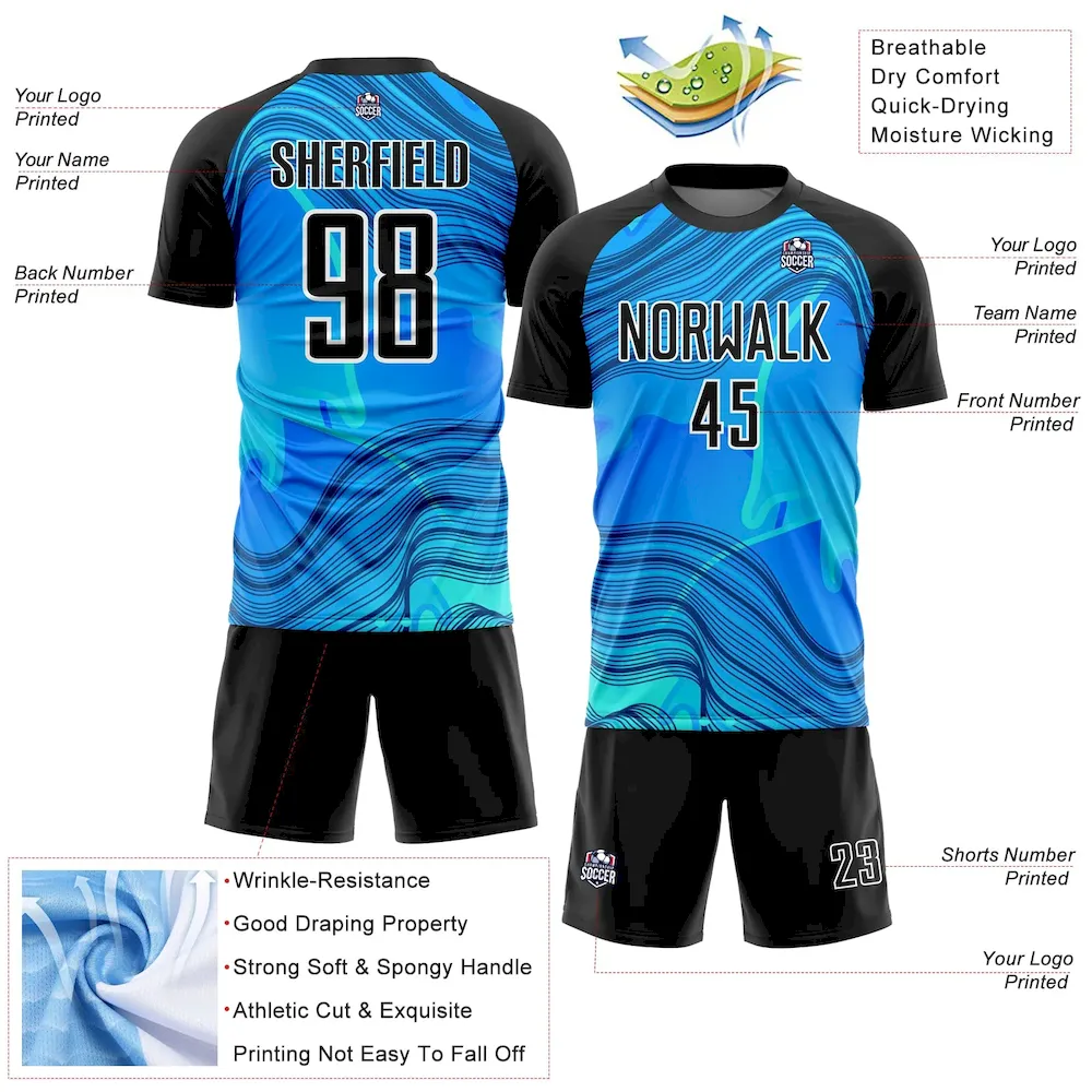 Custom Sky Blue Black-White Waves Sublimation Soccer Uniform Jersey - Image 4