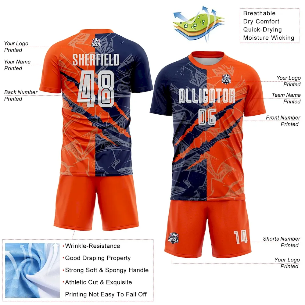 Custom Graffiti Pattern Navy-Orange Scratch Sublimation Soccer Uniform Jersey - Image 4