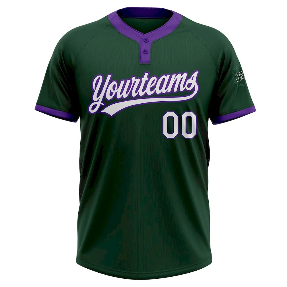 Custom Green White-Purple Two-Button Unisex Softball Jersey - Image 2