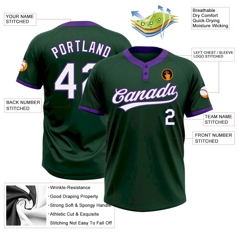 Custom Green White-Purple Two-Button Unisex Softball Jersey - Image 3