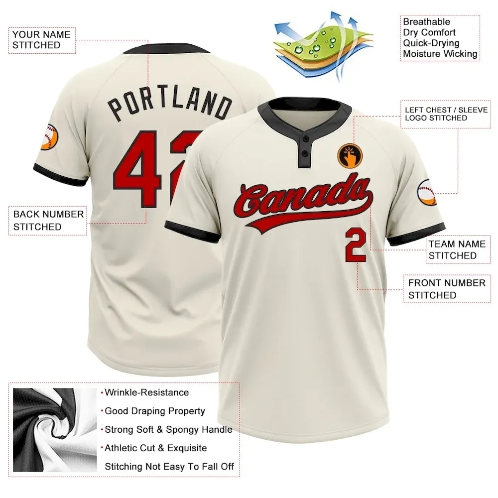 Custom Cream Red-Black Two-Button Unisex Softball Jersey - Image 3