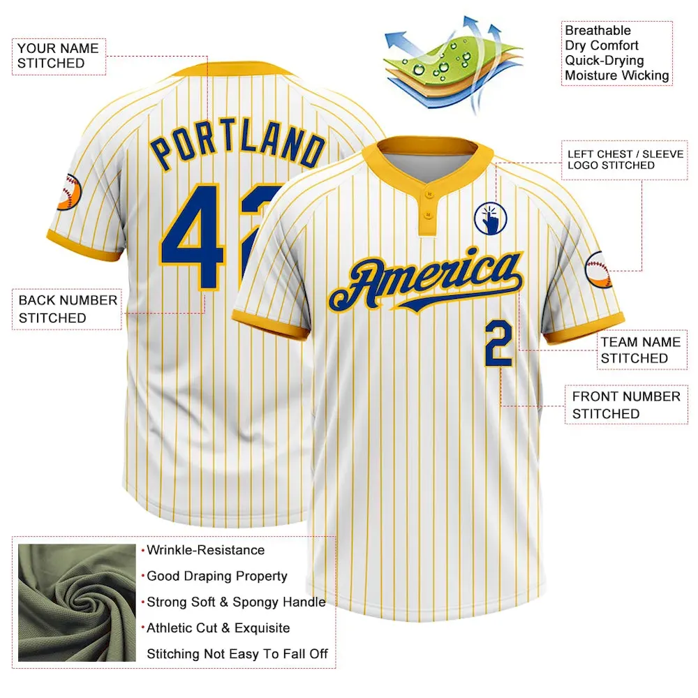 Custom White Gold Pinstripe Royal Two-Button Unisex Softball Jersey - Image 3