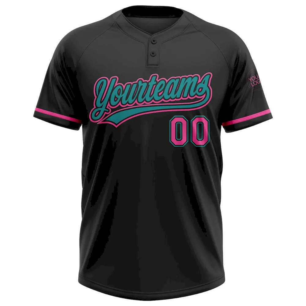 Custom Black Pink-Teal Two-Button Unisex Softball Jersey - Image 2