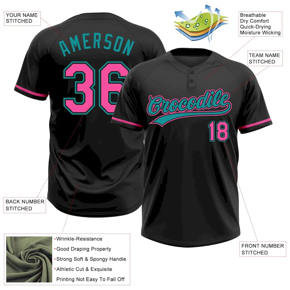 Custom Black Pink-Teal Two-Button Unisex Softball Jersey - Image 3