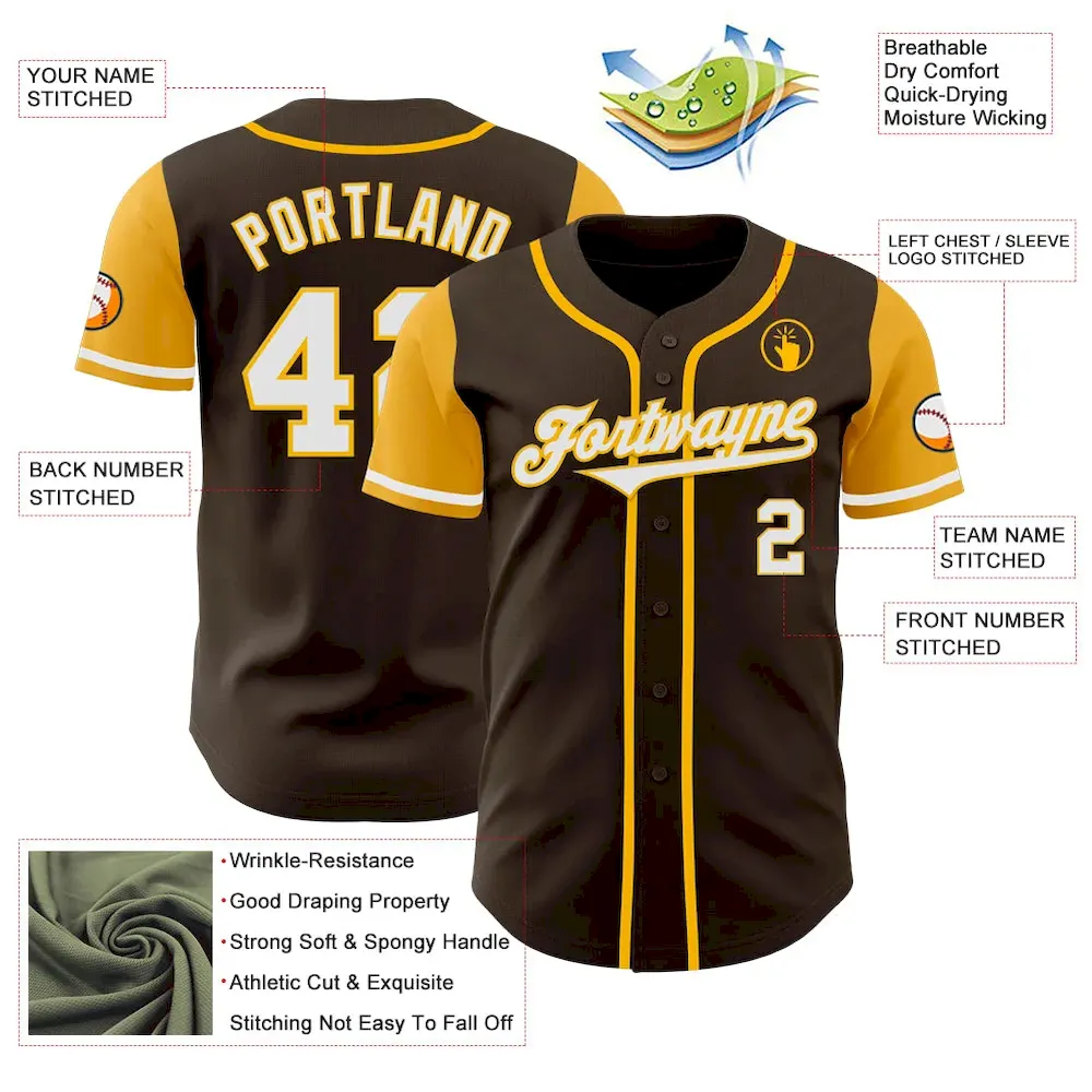Custom Brown White-Gold Authentic Two Tone Baseball Jersey - Image 3