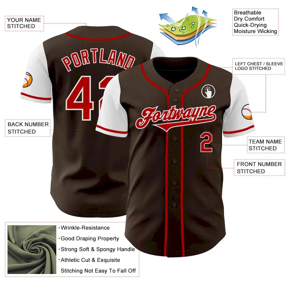 Custom Brown Red-White Authentic Two Tone Baseball Jersey - Image 3