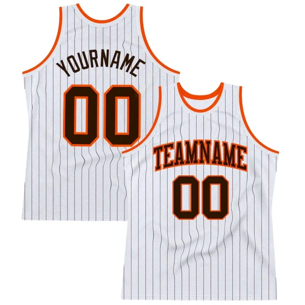 Custom White Brown Pinstripe Brown-Orange Authentic Basketball Jersey