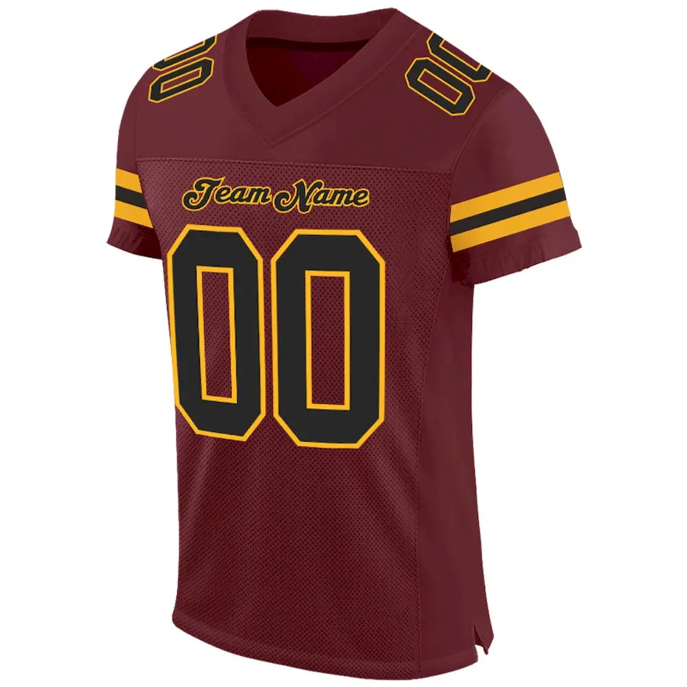 Custom Burgundy Black-Gold Mesh Authentic Football Jersey - Image 2
