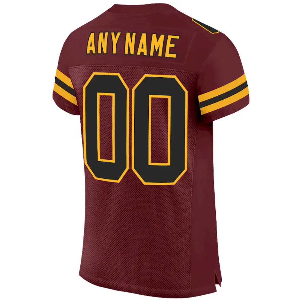 Custom Burgundy Black-Gold Mesh Authentic Football Jersey - Image 3