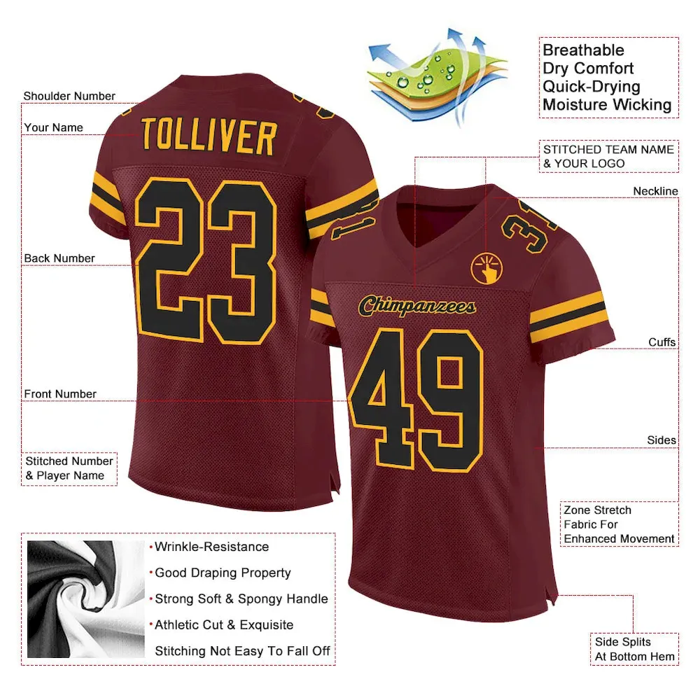 Custom Burgundy Black-Gold Mesh Authentic Football Jersey - Image 4