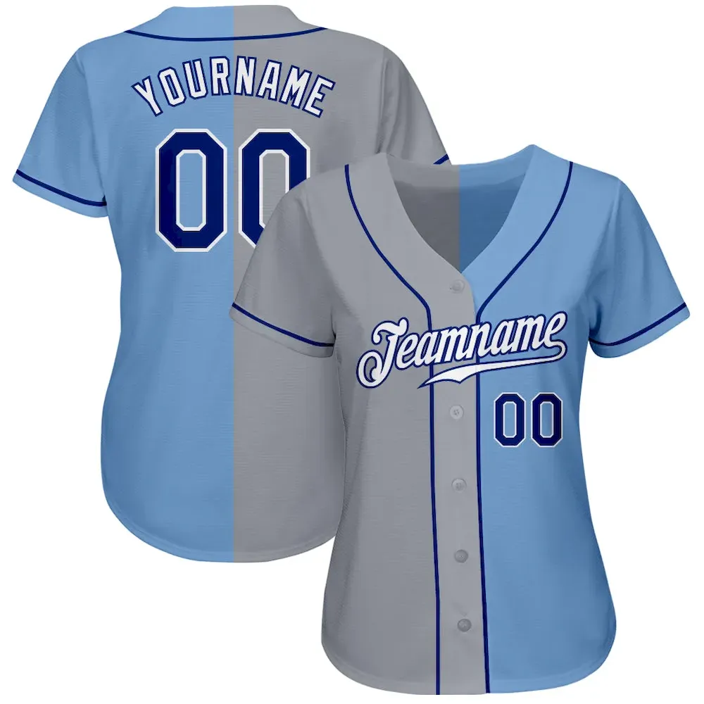 Custom Light Blue Royal-Gray Authentic Split Fashion Baseball Jersey - Image 2