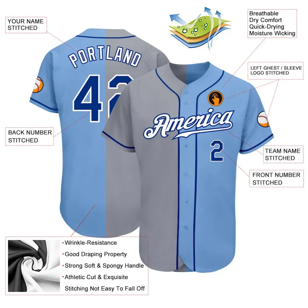 Custom Light Blue Royal-Gray Authentic Split Fashion Baseball Jersey - Image 3