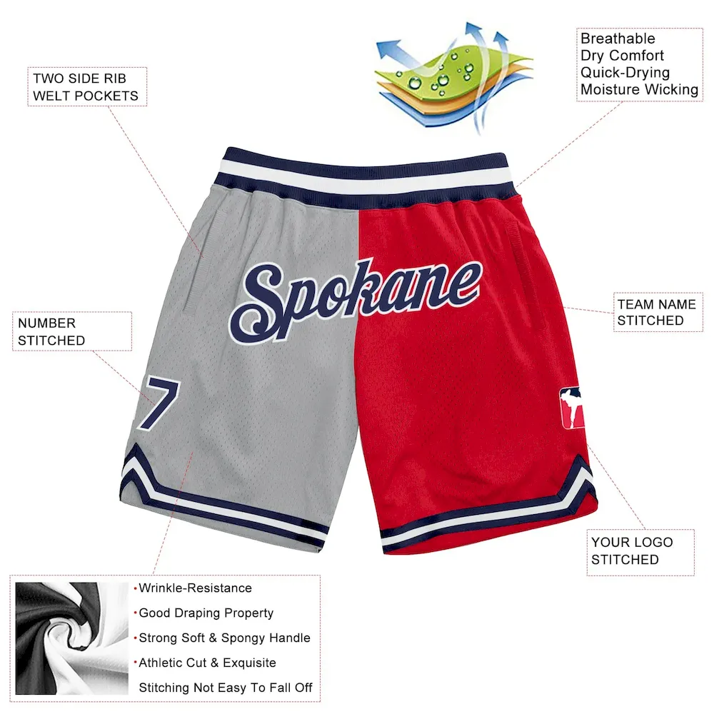 Custom Gray Navy-Red Authentic Throwback Split Fashion Basketball Shorts - Image 2