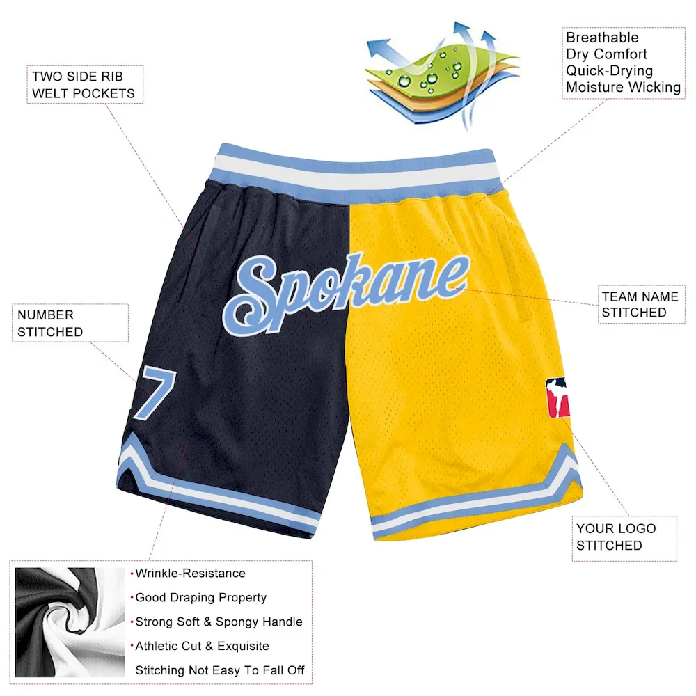 Custom Navy Light Blue-Gold Authentic Throwback Split Fashion Basketball Shorts - Image 2
