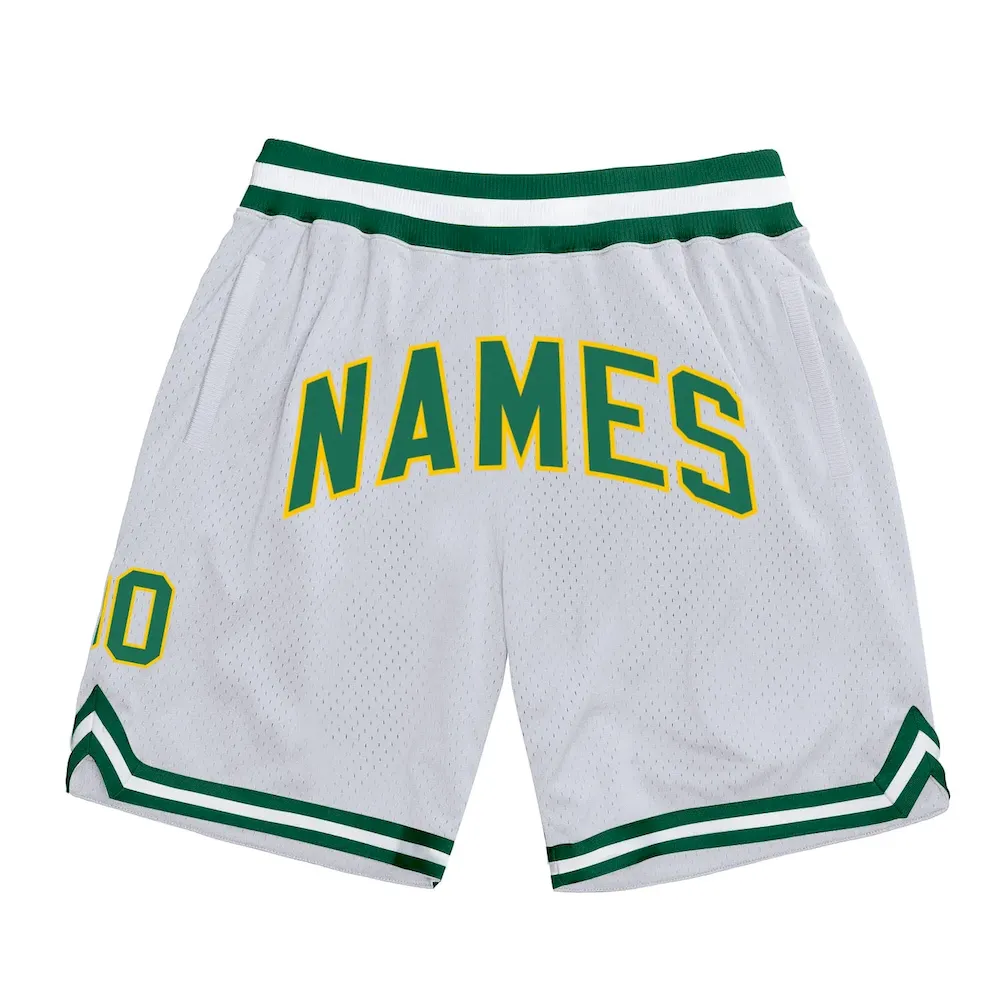 Custom White Kelly Green-Gold Authentic Throwback Basketball Shorts