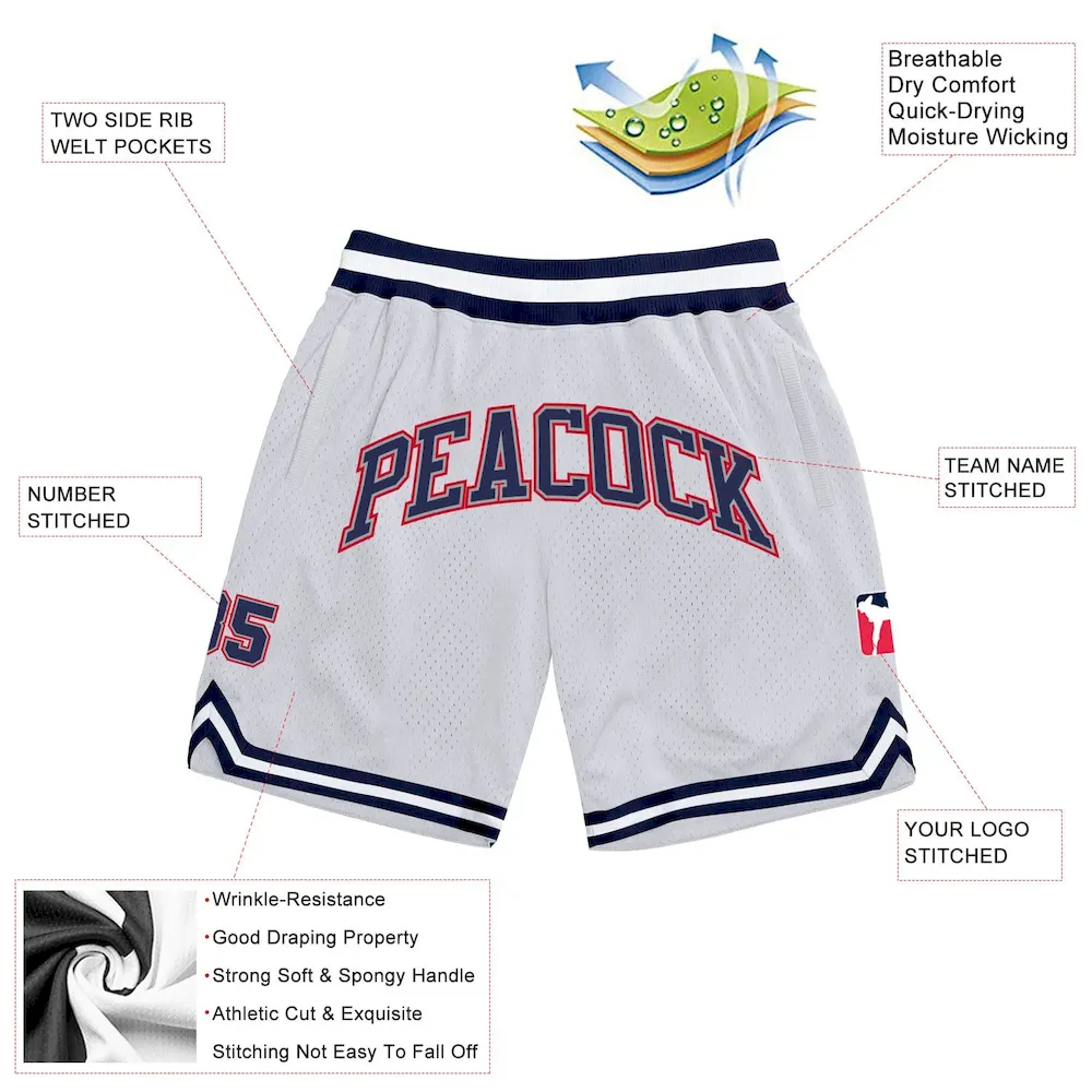 Custom White Navy-Red Authentic Throwback Basketball Shorts - Image 2